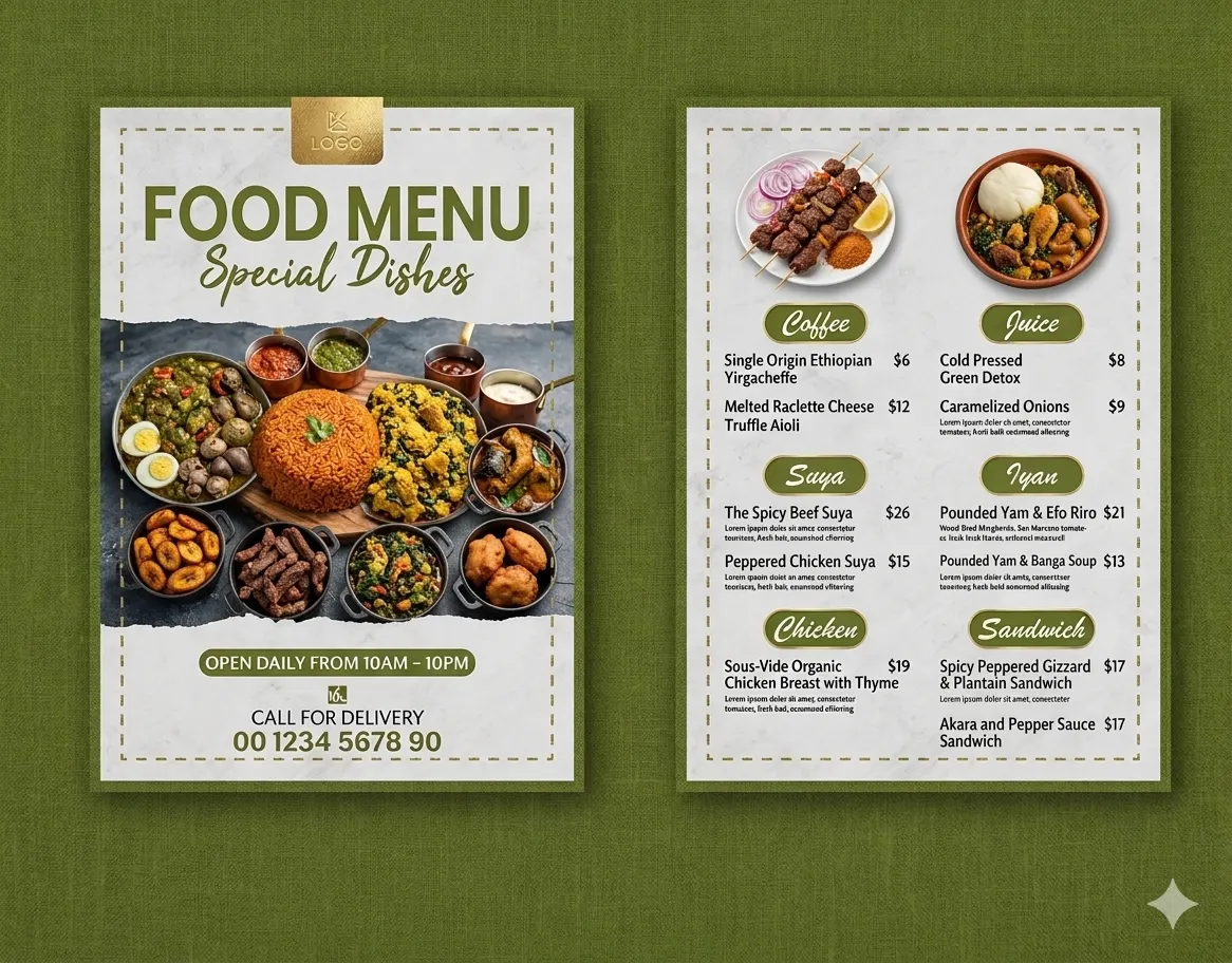 Custom Food and Drink Menu printed in Lagos, Nigeria